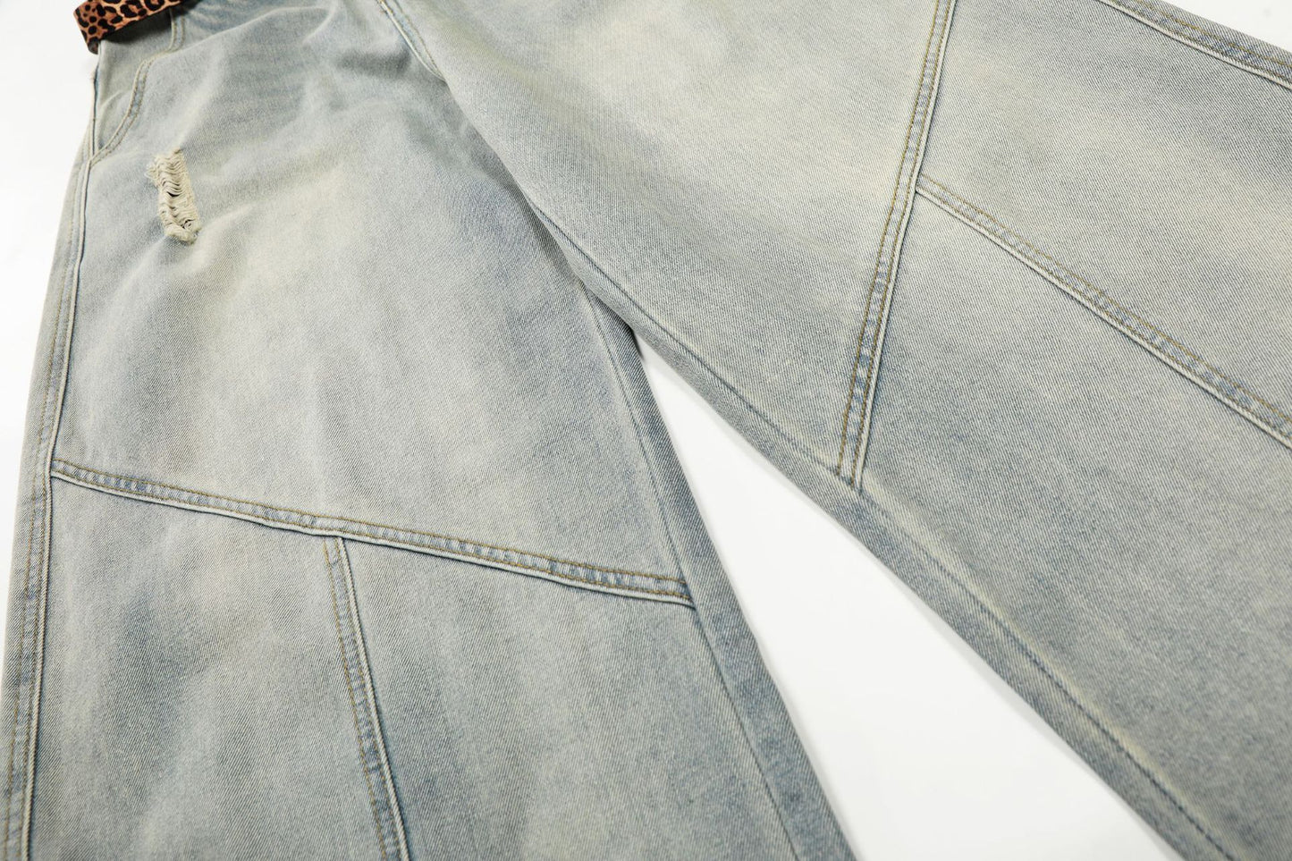 Washed Damage Panel Curved Denim Jeans WN25530