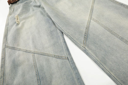 Washed Damage Panel Curved Denim Jeans WN25530