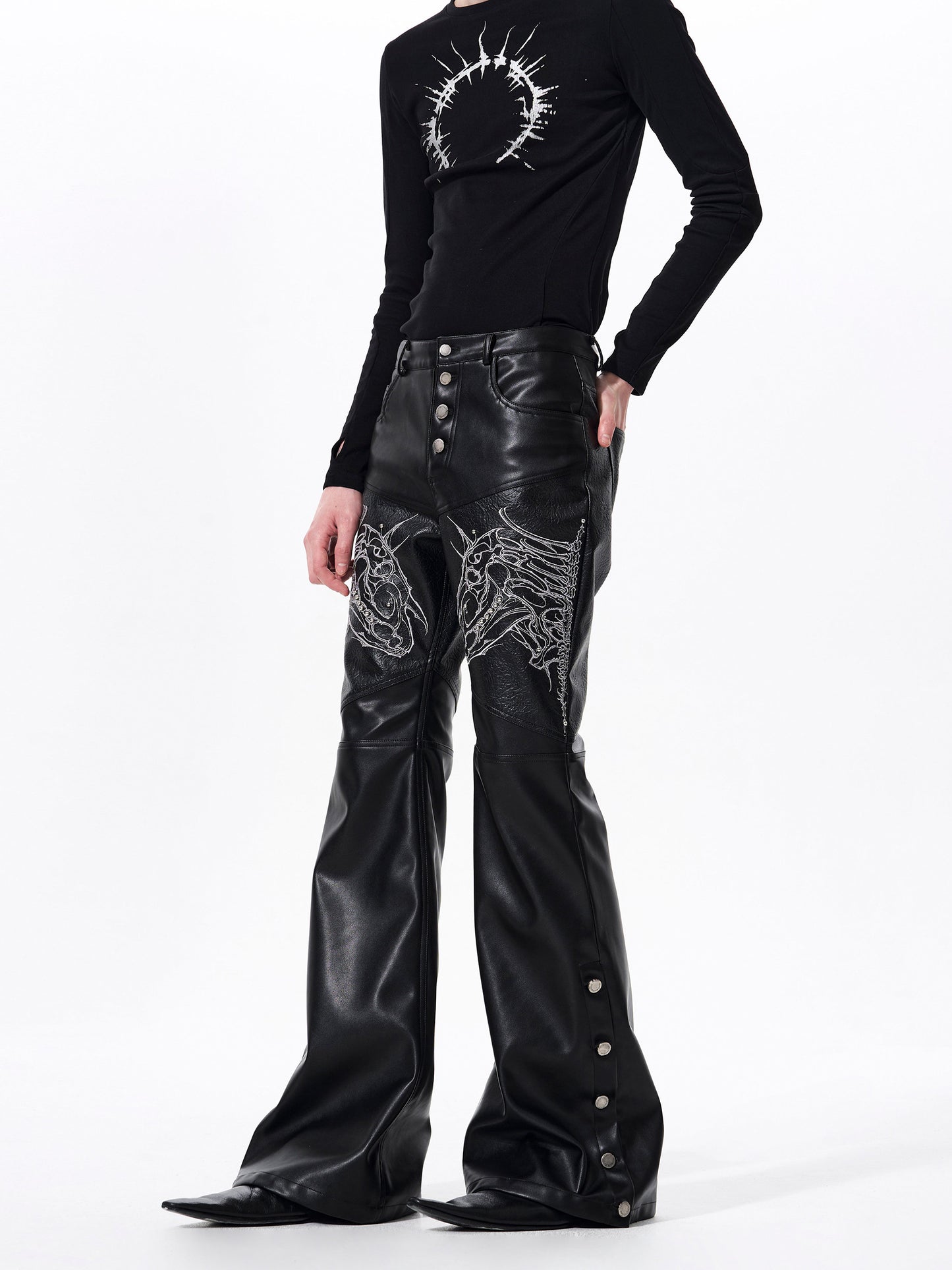 Horse Head Embroidery Flare Button Slit PU Leather Pants WN23287