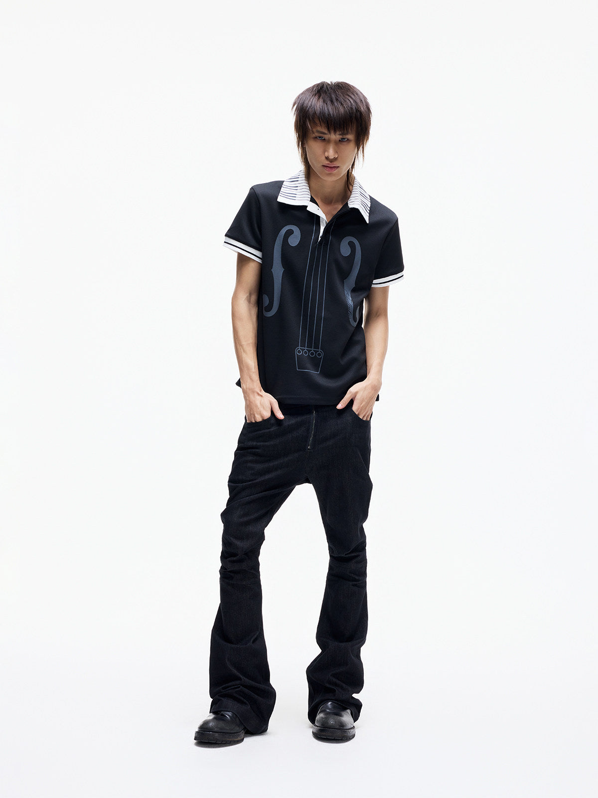 Contrast Panel Piano Key Music Note Print Short Sleeve Shirt WN27339