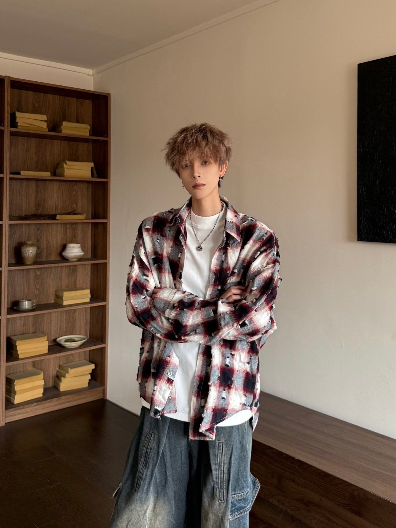 Damage Plaid Oversize Button-Front Long Sleeve Shirt WN23197