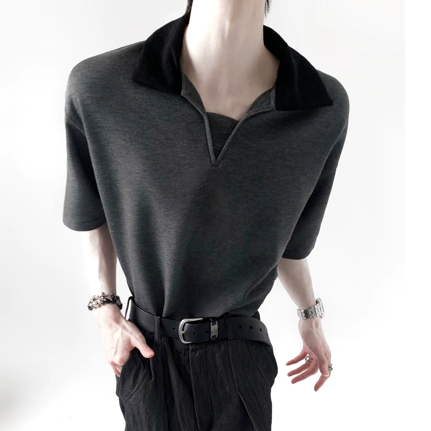 V-Neck Collar Short Sleeve Polo Shirt WN20345