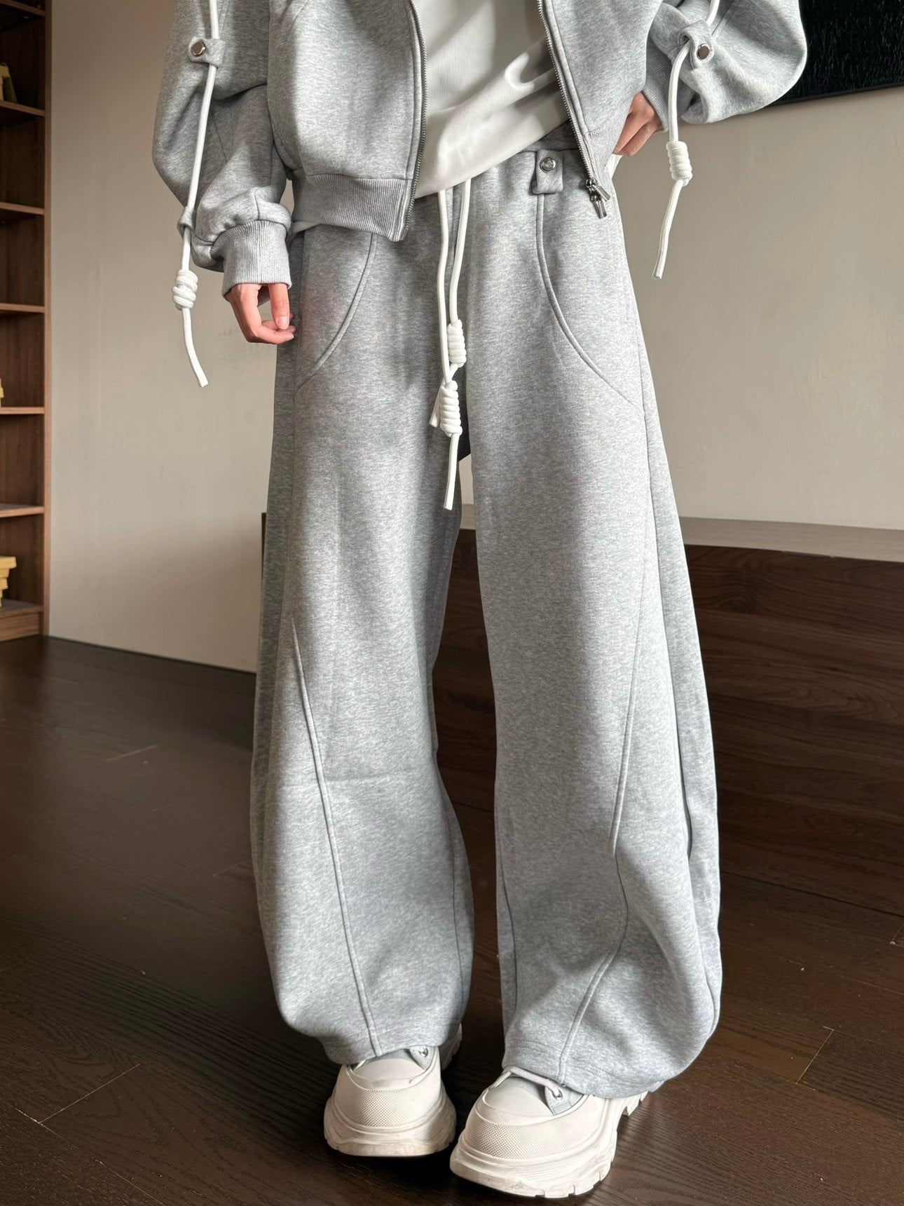 Drawstring Zipper Hoodie & Wide Leg Sweatpants Setup WN23181