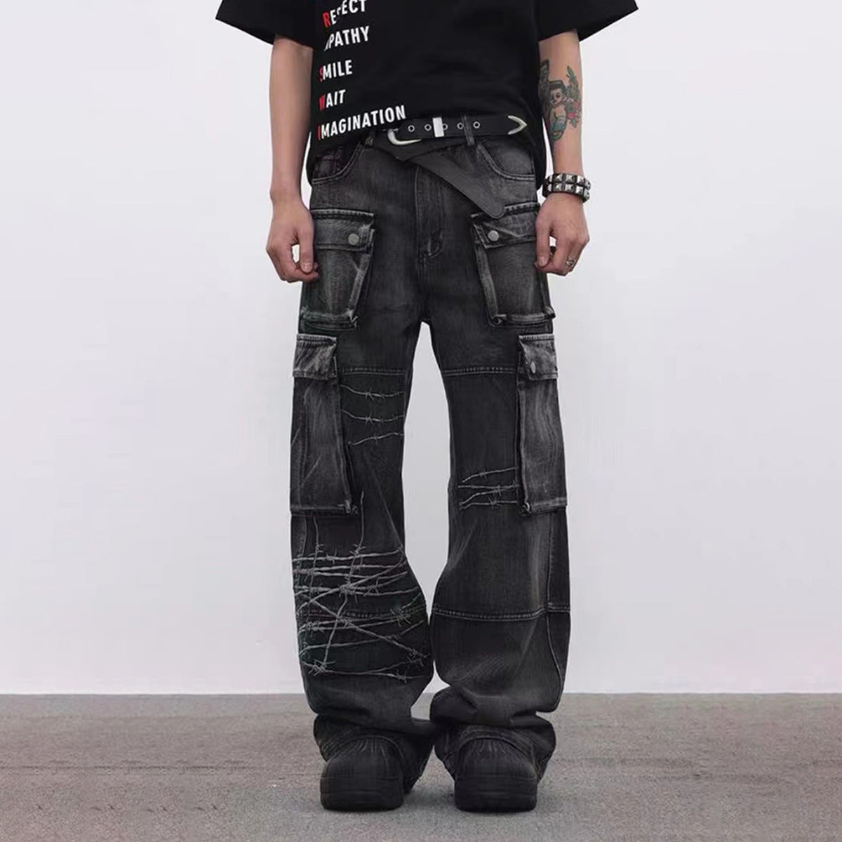 Cargo Pocket Embroidery Wide Leg Denim Jeans WN25718