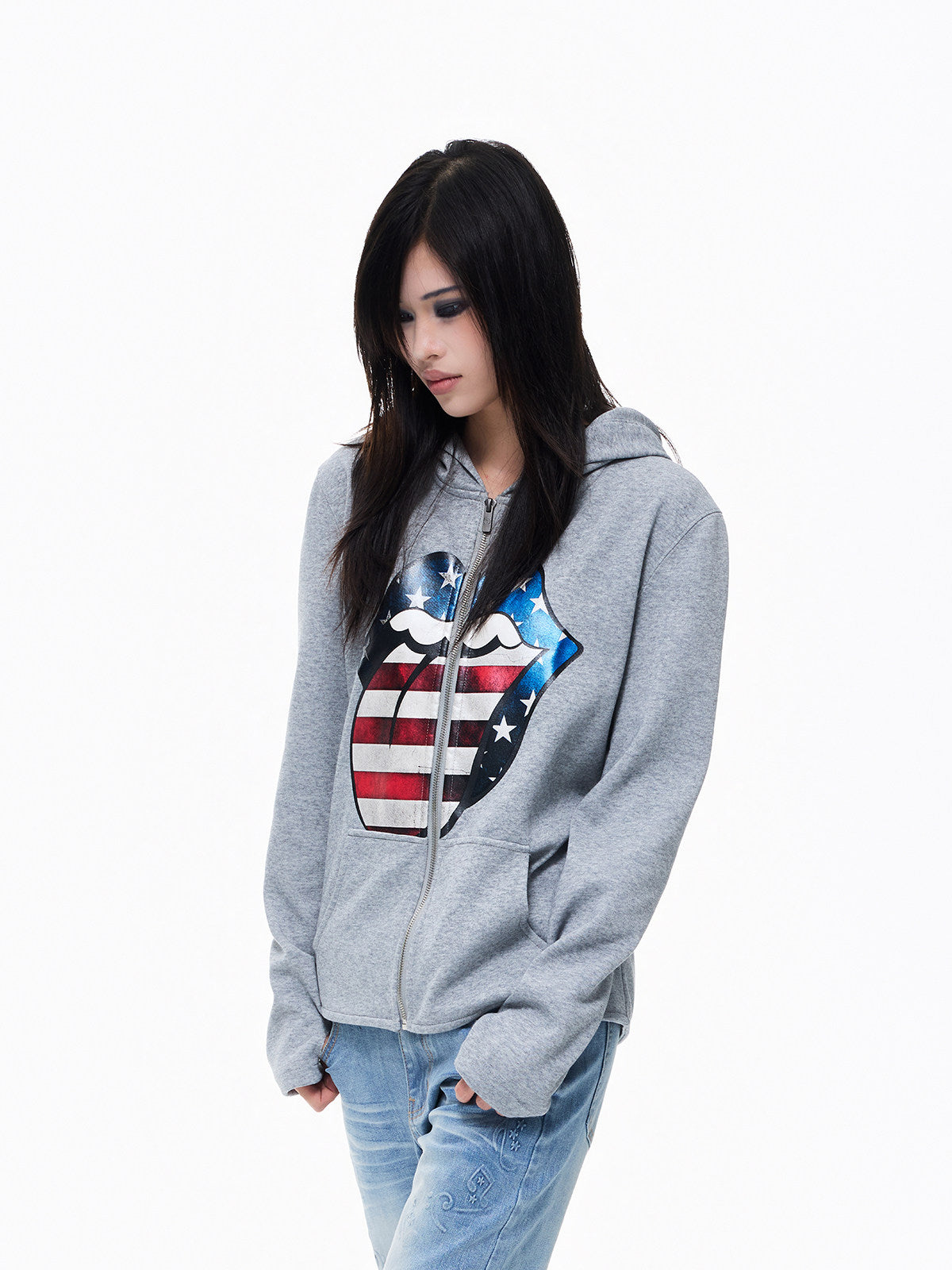 Graphic Print Side-Pocket Cropped Zipper Hoodie WN27332