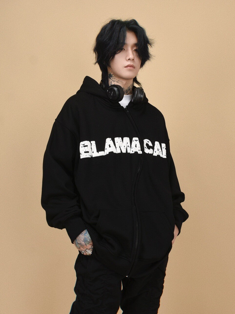Asymmetrical Zipper Graphic Print Fleece-Lined Oversize Hoodie WN24407