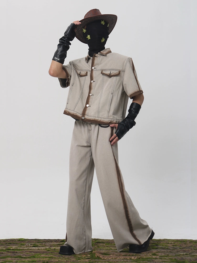 Spray Paint Short Sleeve Denim Jacket & Denim Jeans Setup WN18639