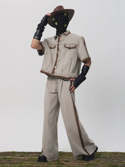 Spray Paint Short Sleeve Denim Jacket & Denim Jeans Setup WN18639