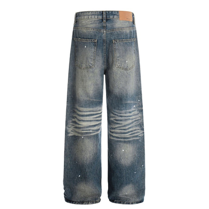Washed Whisker Paint Splatter Straight Denim Jeans WN26147