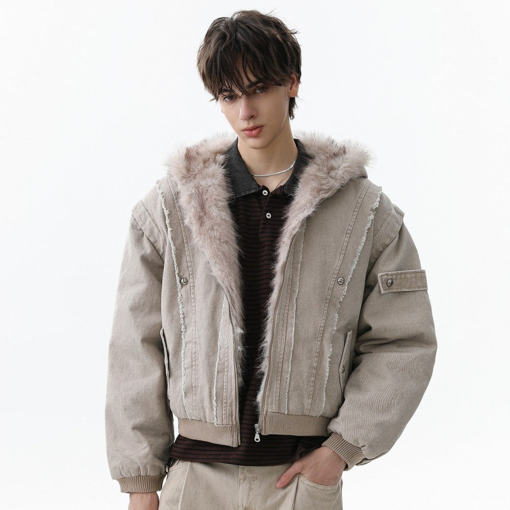 Fake Fur Collar Hooded Washed Canvas Puffer Jacket WN27836