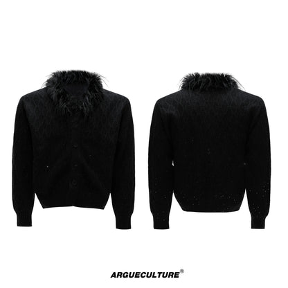 Sequin Fur Collar Cable Knit Cardigan WN21746