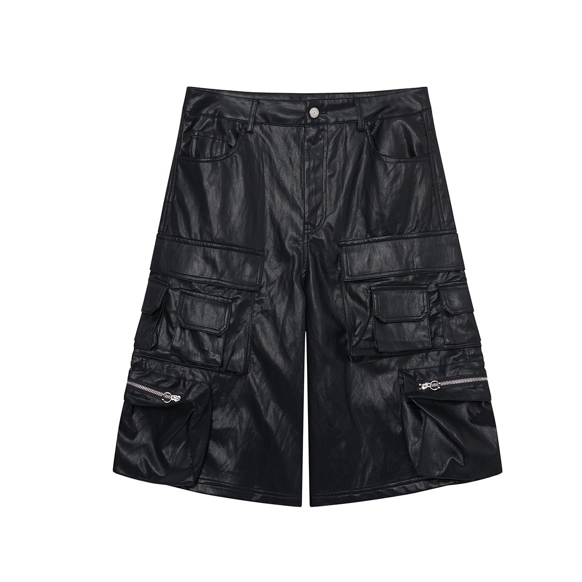 PU Leather Pocket Cropped Wide Leg Cargo Hahf Pants WN25652