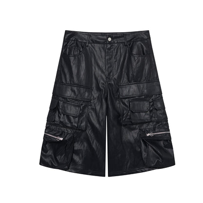 PU Leather Pocket Cropped Wide Leg Cargo Hahf Pants WN25652
