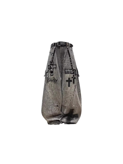 Ink Splash Ripped Detachable Metal Chain Wide Leg Denim Jeans WN27871
