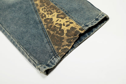 Washed Leopard Panel Curved Denim Jeans WN25514