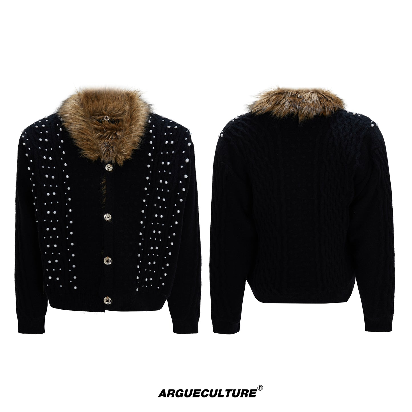 Fake Fur Collar Fleece Lining Pearl Beads Knit Cardigan WN22591