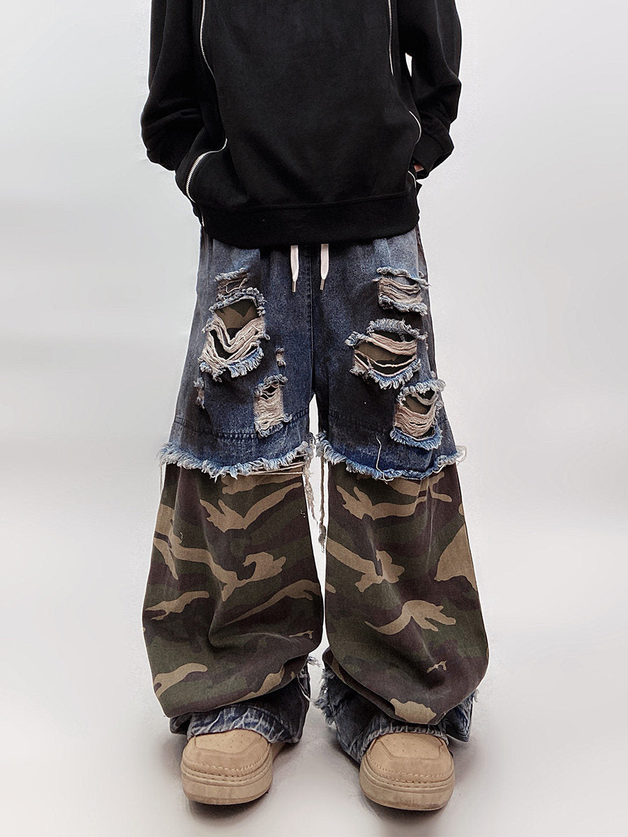 Camouflage Ripped Wide Leg Denim Jeans WN23993