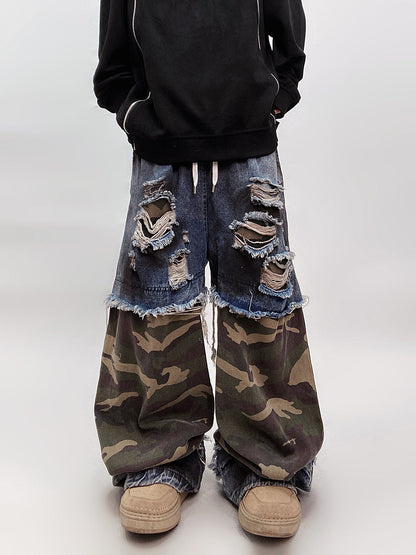 Camouflage Ripped Wide Leg Denim Jeans WN23993