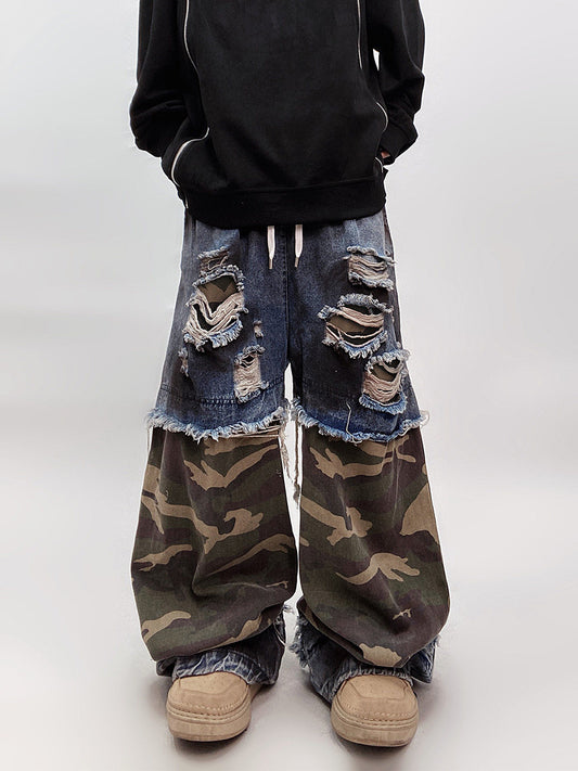 Camouflage Ripped Wide Leg Denim Jeans WN23993
