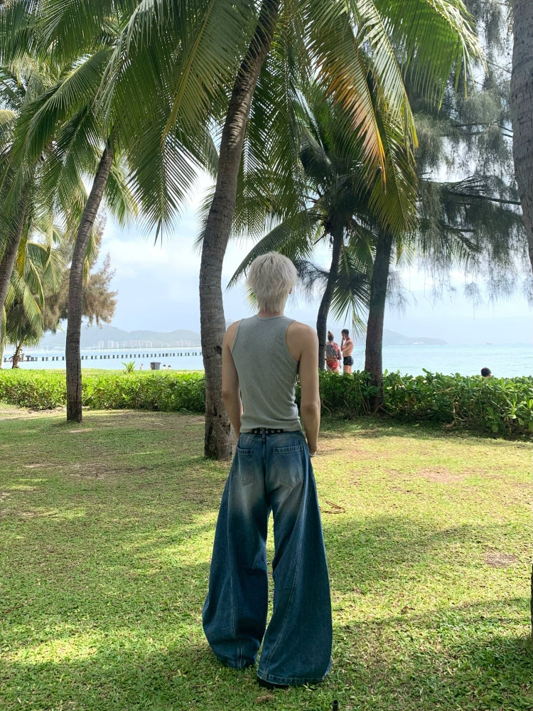 Scimitar Cut Damage Wide Leg Denim Jeans WN19732