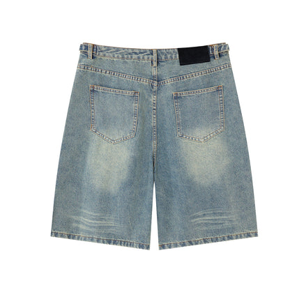 Washed Whisker Metal Buckle Denim Half Pants WN25513