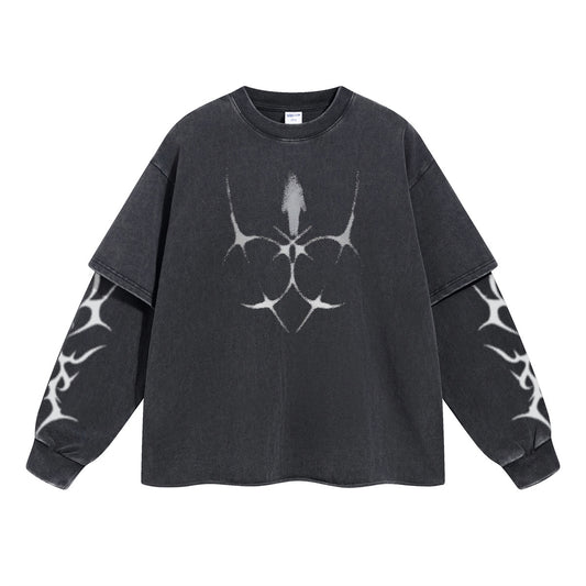 Washed Fake Layered Round Neck Print Long Sleeve T-Shirt WN7817