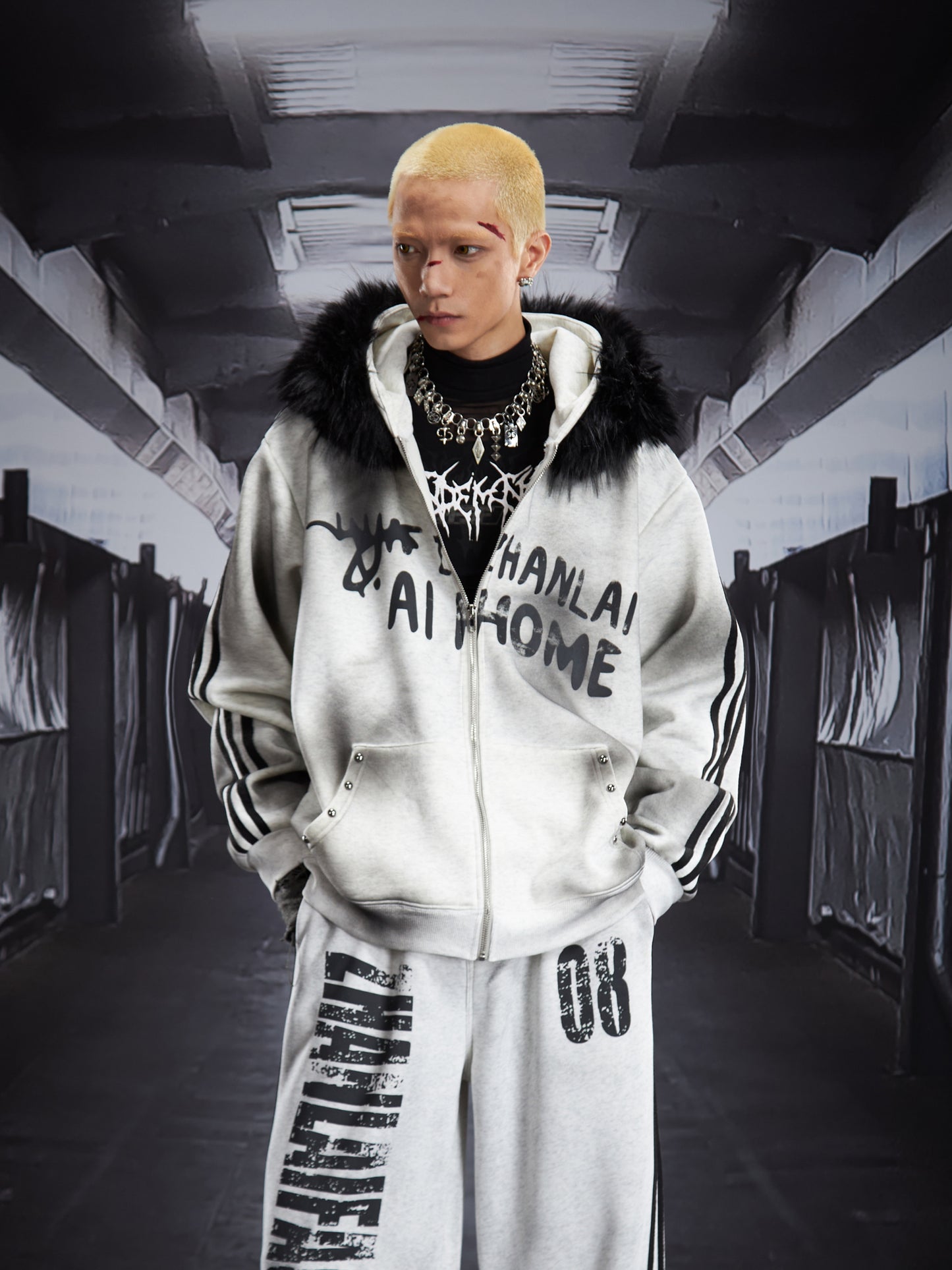 Print Fake Fur Zipper Hoodie & Print Wide Leg Sweatpants Setup WN22792