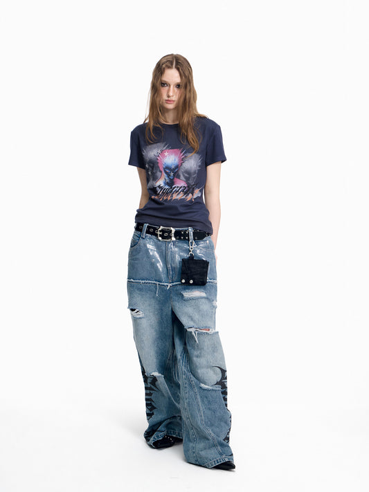 Multi-Portrait Print Washed Cropped Short Sleeve T-Shirt WN27431