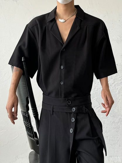 Cuban Collar Pleats Structured Short Sleeve Shirt WN19989