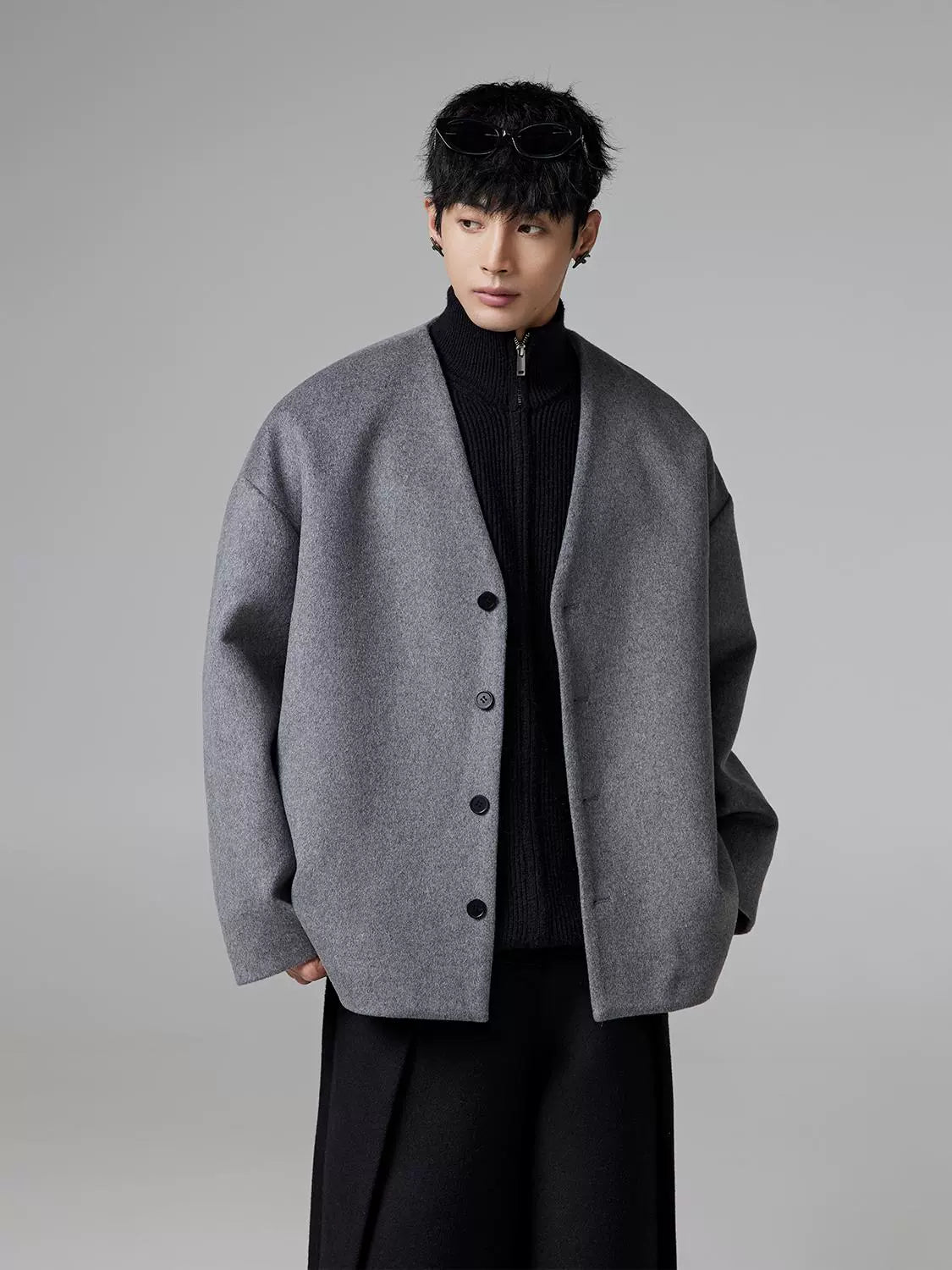 Collarless Solid Oversize Wool Knit Cardigan WN13340