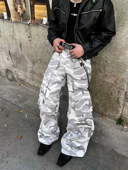 White Camouflage Pocket Wide Leg Straight Cargo Pants WN8232