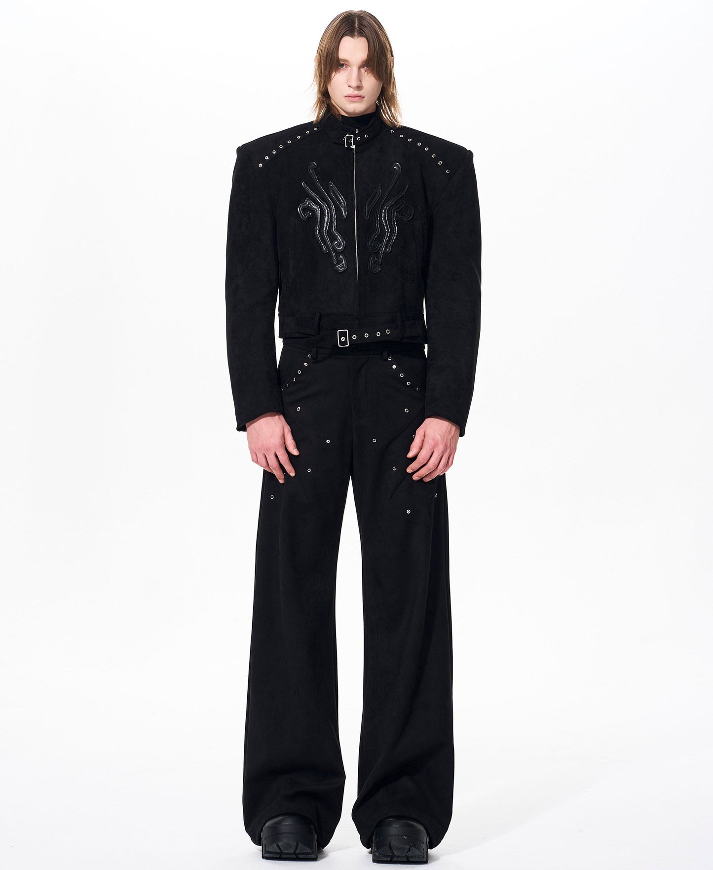 Suede Patchwork Leather Shoulder-Pad Stand Neck Padded Jacket & Pants Setup WN23255