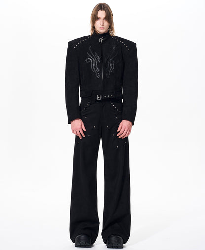 Suede Patchwork Leather Shoulder-Pad Stand Neck Padded Jacket & Pants Setup WN23255