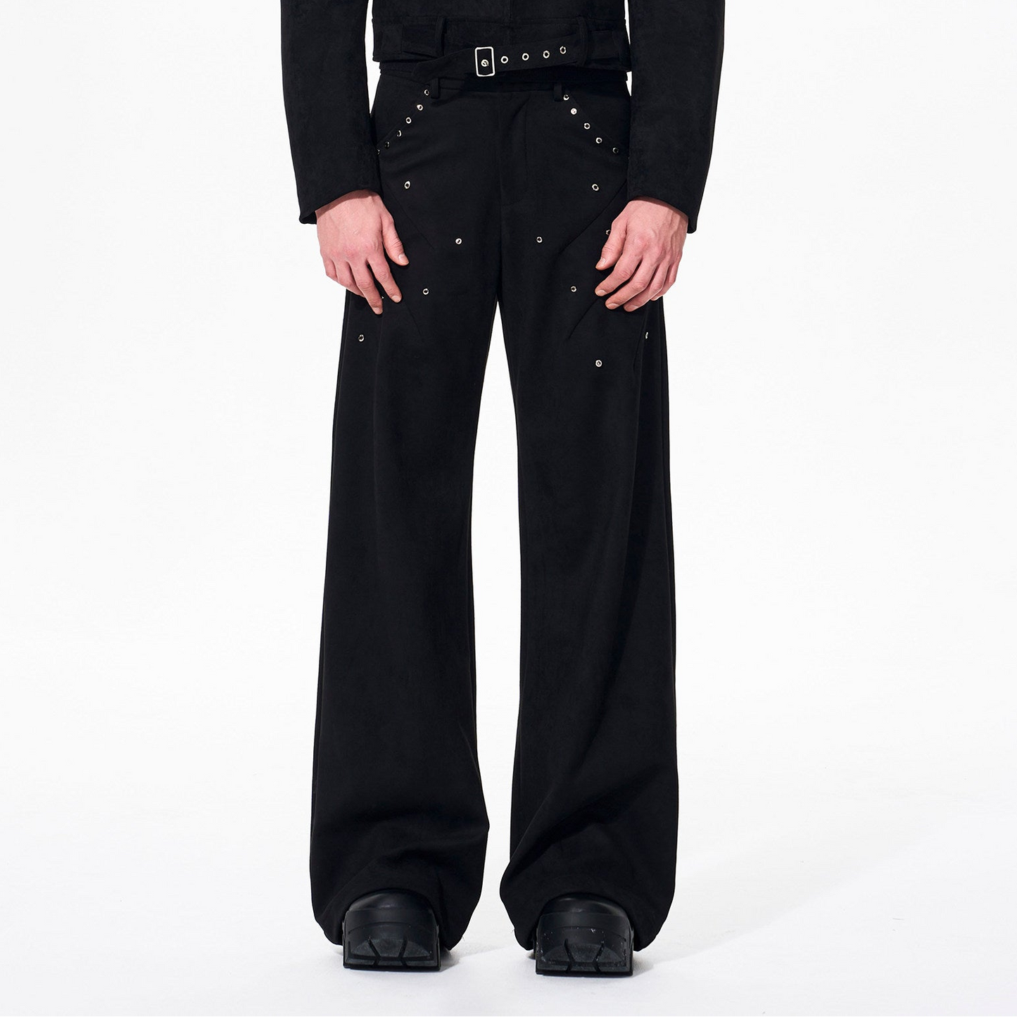 Suede Patchwork Leather Shoulder-Pad Stand Neck Padded Jacket & Pants Setup WN23255