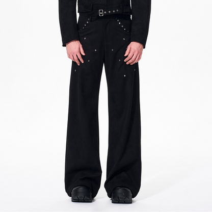 Suede Patchwork Leather Shoulder-Pad Stand Neck Padded Jacket & Pants Setup WN23255