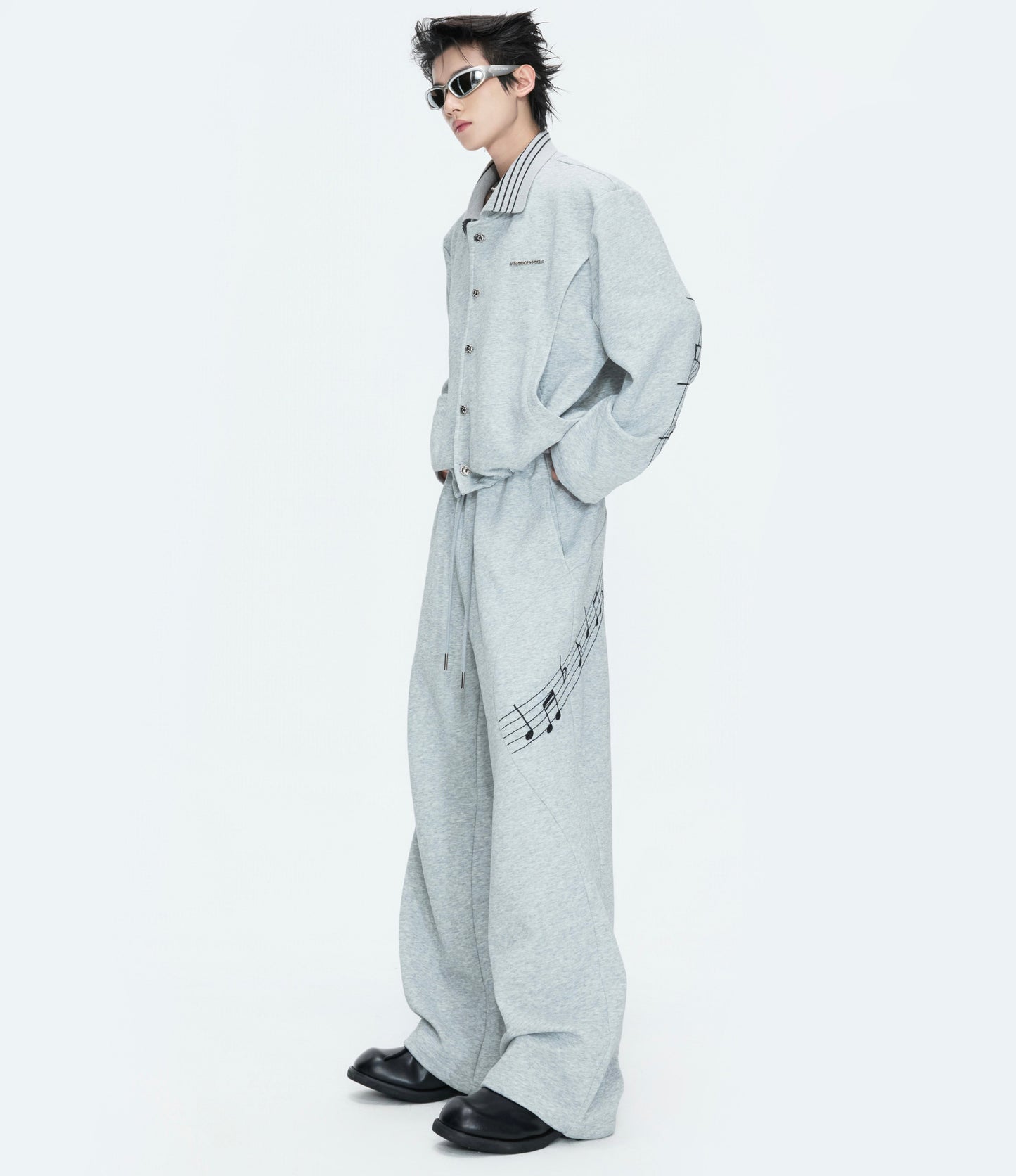 Musical Note Embroidery Boxy Lapel Jacket & Drawstring Wide Leg Pants Setup WN26979