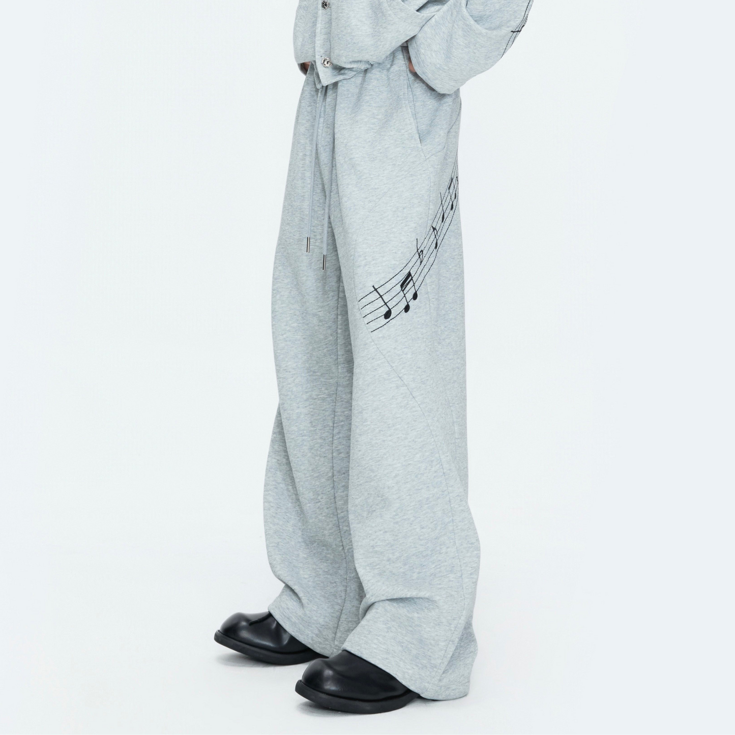 Musical Note Embroidery Boxy Lapel Jacket & Drawstring Wide Leg Pants Setup WN26979