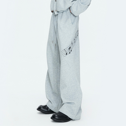 Musical Note Embroidery Boxy Lapel Jacket & Drawstring Wide Leg Pants Setup WN26979