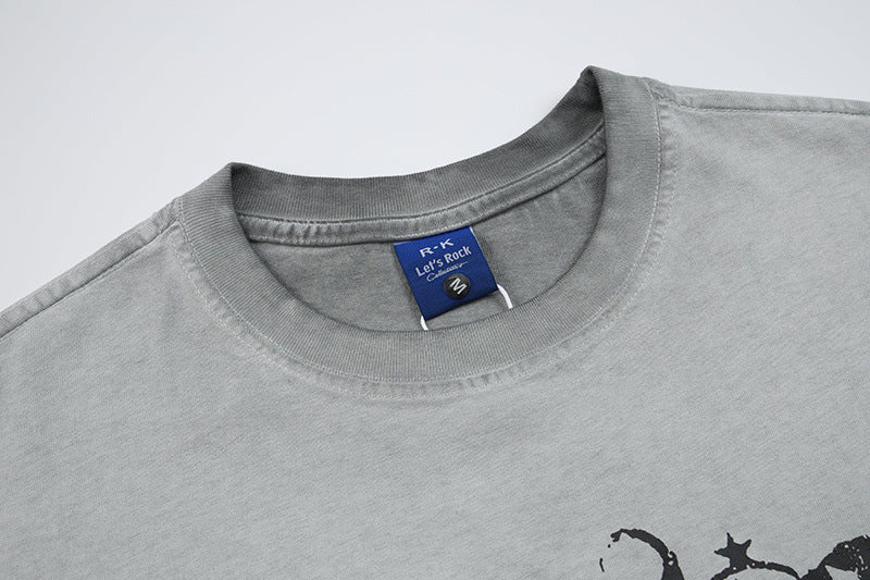 Washed Portrait Letter Print Short Sleeve T-Shirt WN25387
