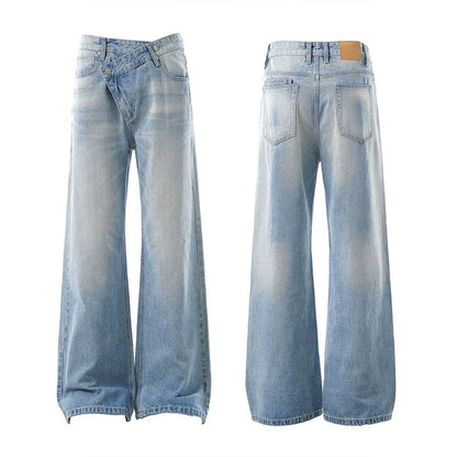 Asymmetrical Waist Washed Denim Jeans WN19329