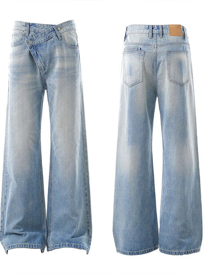 Asymmetrical Waist Washed Denim Jeans WN19329