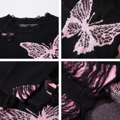 Butterfly Embroidery Damage Fringe Oversize Knit Sweater WN11171