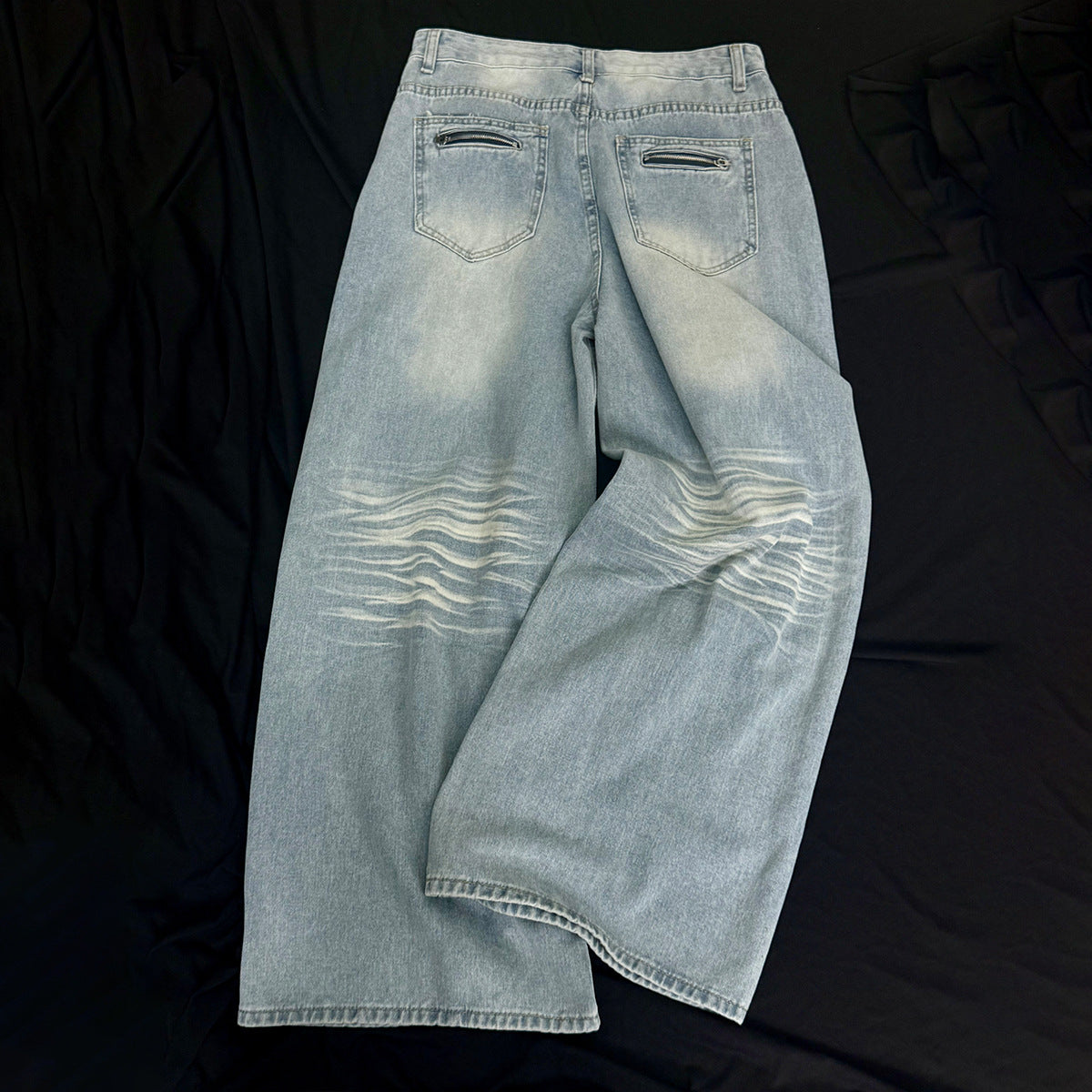 Washed Whisker Damage Wide Leg Denim Jeans WN25532