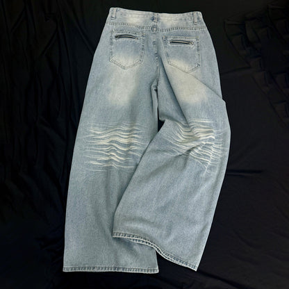 Washed Whisker Damage Wide Leg Denim Jeans WN25532