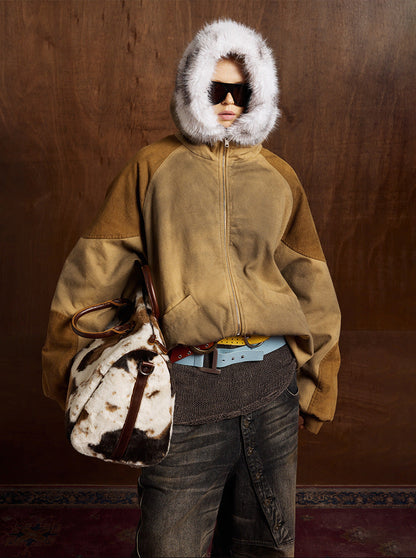 Hooded Fake Fur Collar Washed Puffer Jacket WN21895