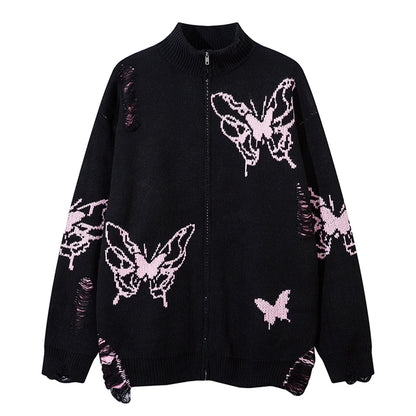 Butterfly Jacquard Zipper Knit Cardigan WN11199