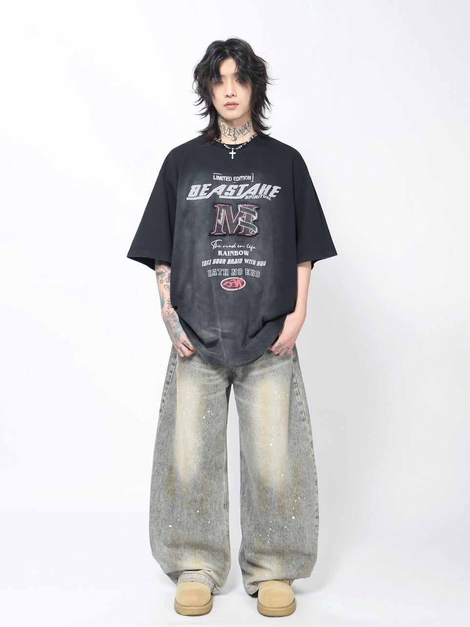 Washed Letter Print Oversize Short Sleeve T-Shirt WN24481