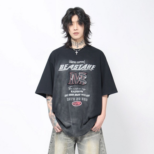 Washed Letter Print Oversize Short Sleeve T-Shirt WN24481