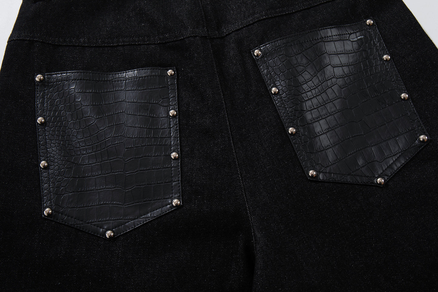 Studs PU Leather Panel Wide Leg Denim Jeans WN25799