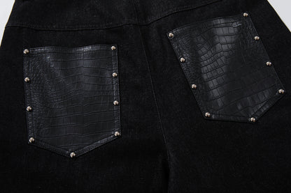 Studs PU Leather Panel Wide Leg Denim Jeans WN25799